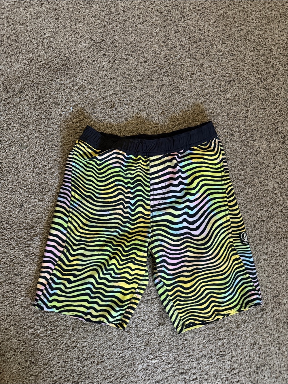 Volcom Neon Zebra Stripe Board Shorts in Yellow, Black boys med 10